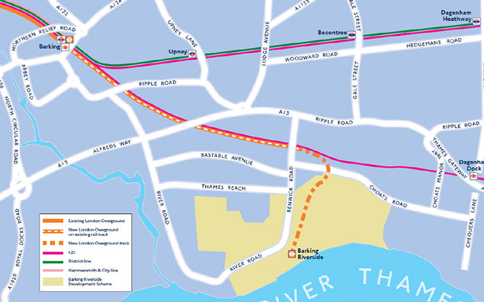 Map showing route of Barking Riverside rail extension from Barking station to the new Barking Riverside station. Most of the route will be along the existing c2c line with new track at the end