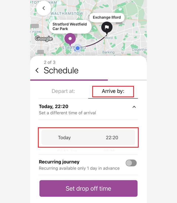 Screen shot of the Dial-a-ride app, schedule arrival time