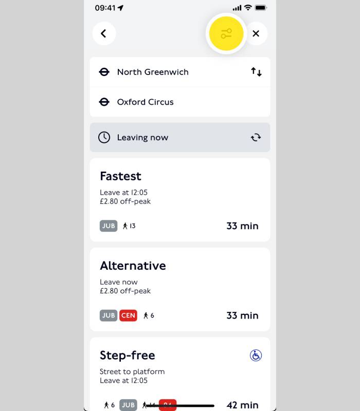 journey options icon on tfl go